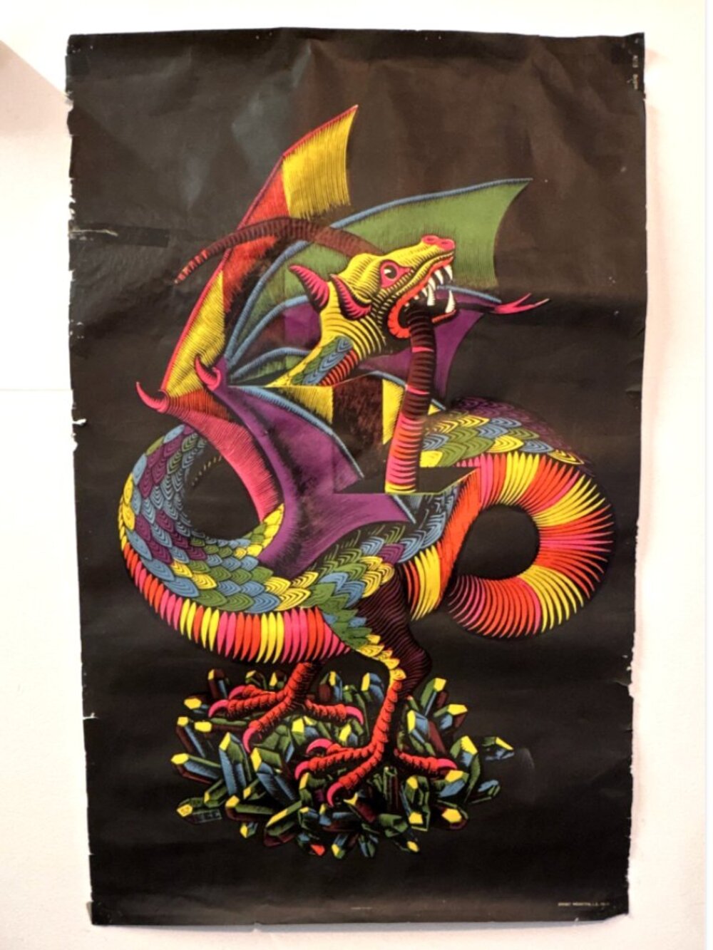 Vintage 70s M. C. Escher Blacklight Psychedelic Neon Dragon Poster Large 34x22"